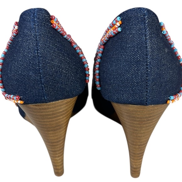 Jessica Bennett Jkirabu Beaded Denim Peep Toe Wedge Heels Beaded Wooden Platform - Picture 8 of 13